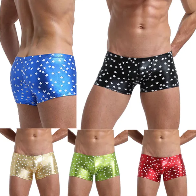 Mens Shiny Star Printed Underwear Fetish Boxer Briefs Wet Look Underpants Shorts