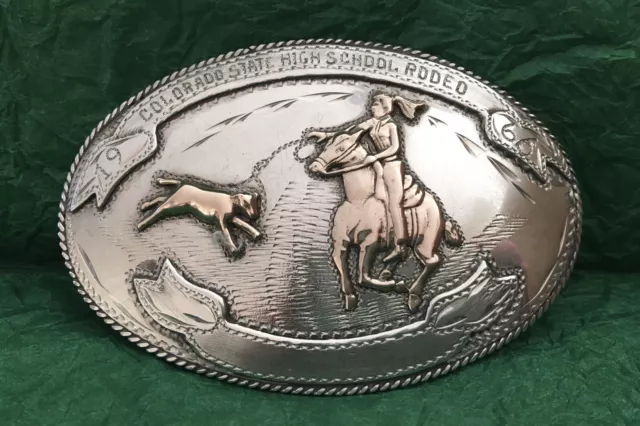 Rare Unbranded 1966 Colorado State High School Rodeo Silver Trophy Belt Buckle