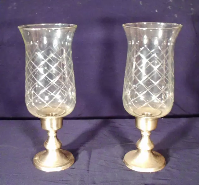 Pair Mid Century Classical Candle Holders With Etched Glass Hurricane Shades