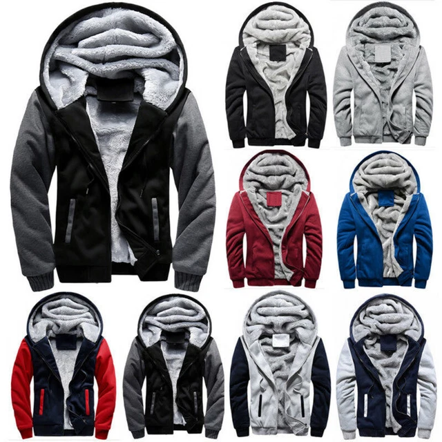 Mens Thick Warm Fleece Fur Lined Hoodie Zip Up Winter Coat Jacket Sweatshirt Top