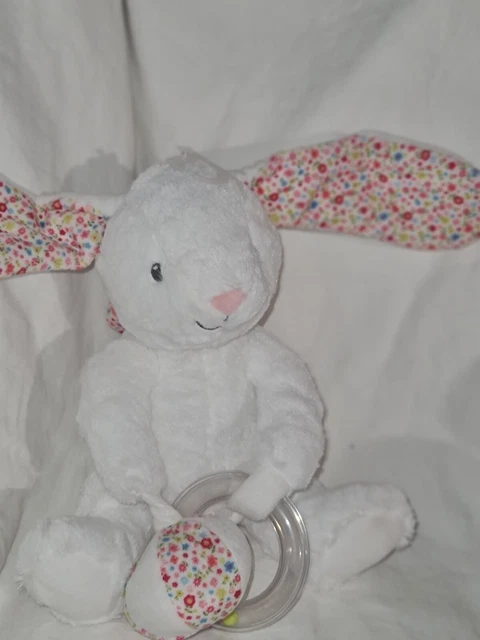 DOUDOU PELUCHE POMMETTE LAPIN BLANC /ROSE LIBERTY ANNEAU BILLES 26cm  NEUF