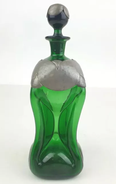 Green Holmegaard Kluk Kluk Pinched Glass Decanter Bottle w/Heuser Pewter Denmark