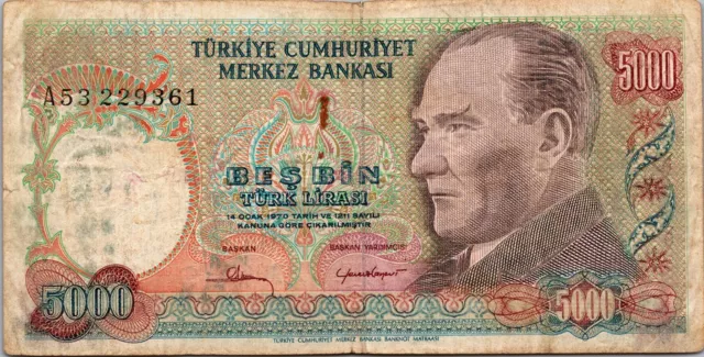 Turkey 5000 Lira 1970 1981, VF, P-196A, Prefix A, Circulated, Penmark