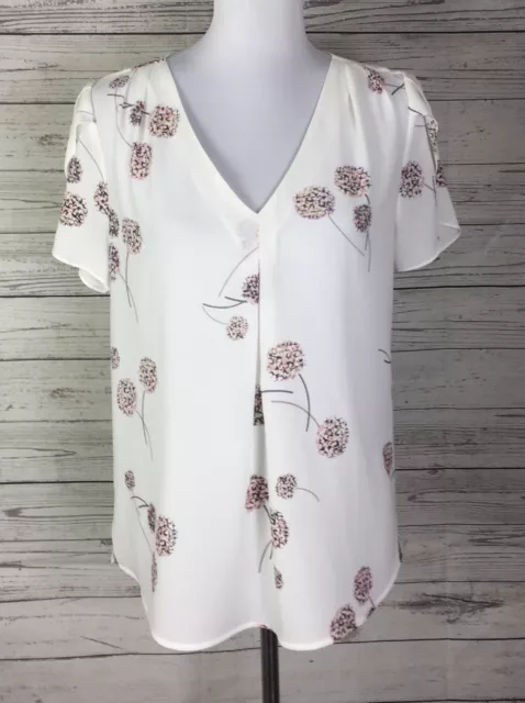 Daniel Rainn Petite Women’s White Floral V-Neck Short Split Sleeve Top Size PL