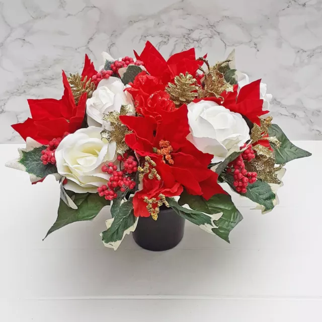 Artificial Silk Flowers Weighted Christmas Grave Pot Arrangement Red Gold Cream