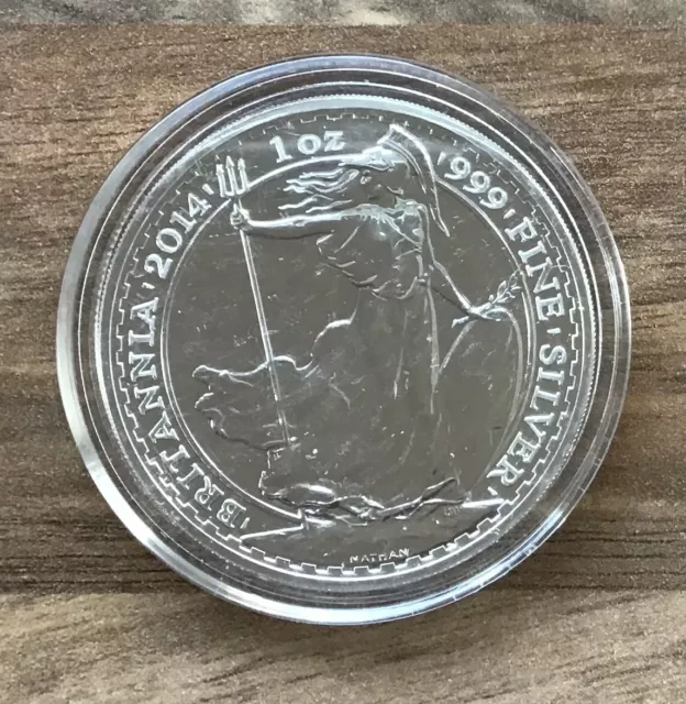 Britannia 2014 One Ounce Fine Silver Bullion Sovereign 2 Pounds Coin Royal Mint