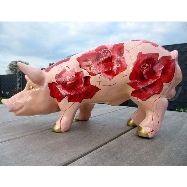 SCHWEIN MIT KUNSTBEMALUNG ROSEN rosa 40 cm Deko Garten Tier Figur