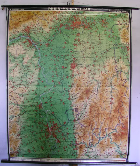 School Wall Map Card Rhine Main Neckar Beautiful Old Top 163x205cm ~ 1955