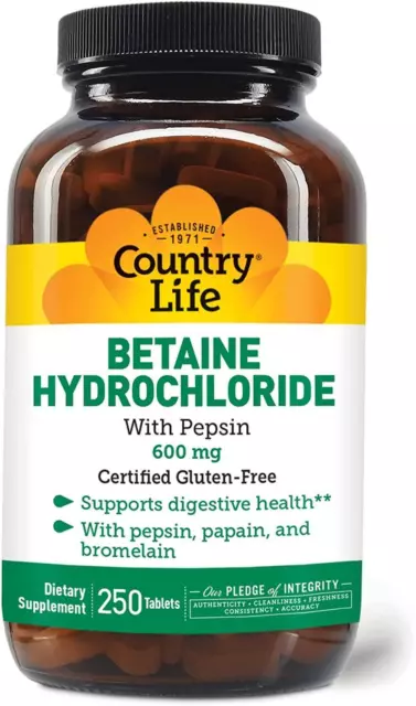 Country Life Betaine HCL with Pepsin 600mg 250 Tablets, Digestive Support