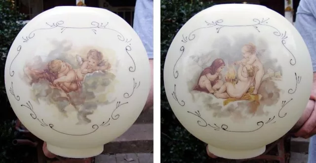 10" CHERUBS / ANGEL BALL SHADE 4" fitter glass for old oil , banquet, GWTW lamp