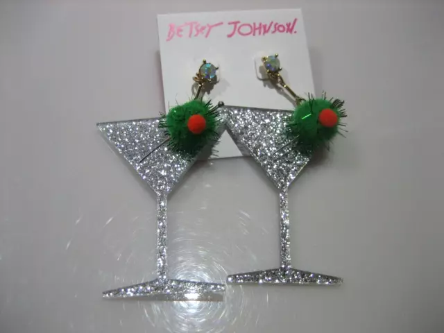 Betsey Johnson Ab Crystal Glitter Martini Glass Dangle Earrings Nwt 2
