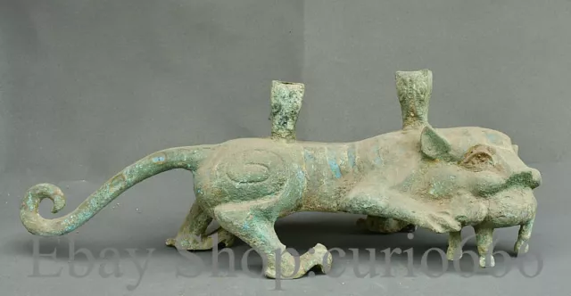 18" Antique Old Chinese Bronze Ware Dynasty Animal Tiger Eating Beast Statue