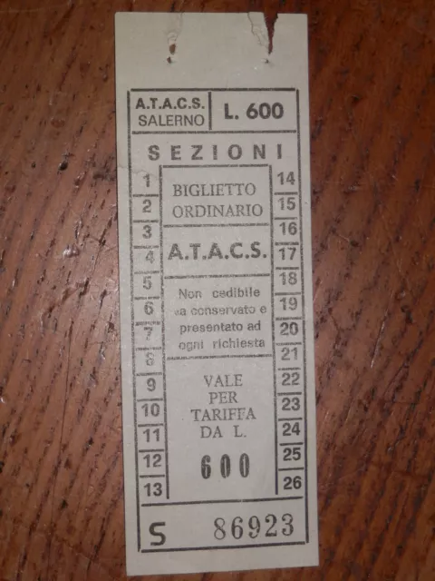 Vecchio biglietto FILOBUS AUTOBUS Filovia ATACS Salerno 600 lire Corsa Ordinario