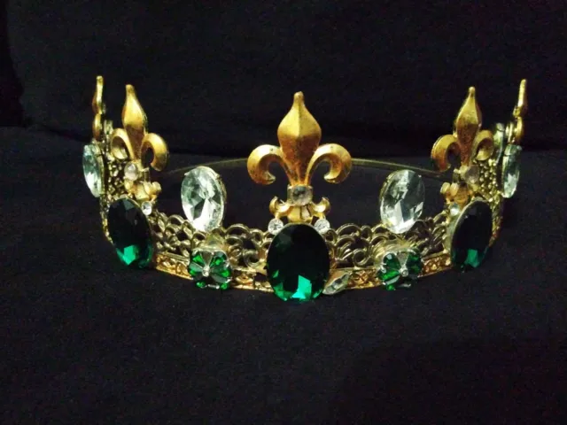 Large Gold King Crown For Men With Emerald & Crystal Rhinestones