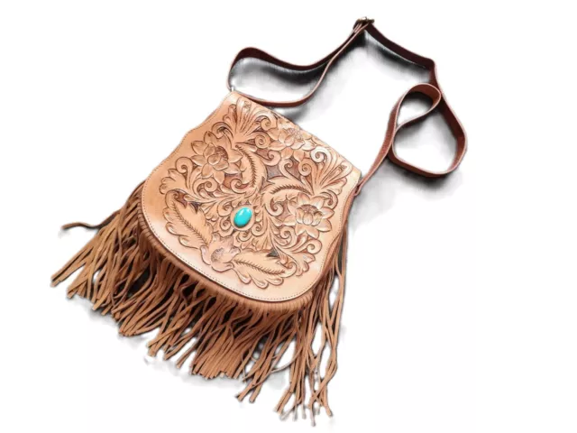 BORSA IN PELLE CON FRANGE TOOLED FATTA A MANO TOOLED nappa boho western vintage festival 2