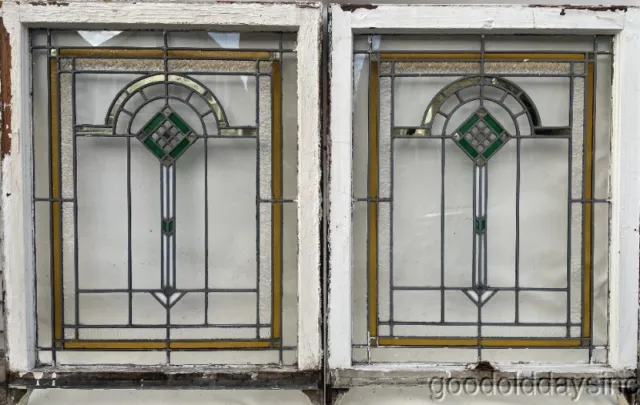 Pair of Antique Chicago Bungalow Stained Leaded Glass Window Circa 1920 34x26 3