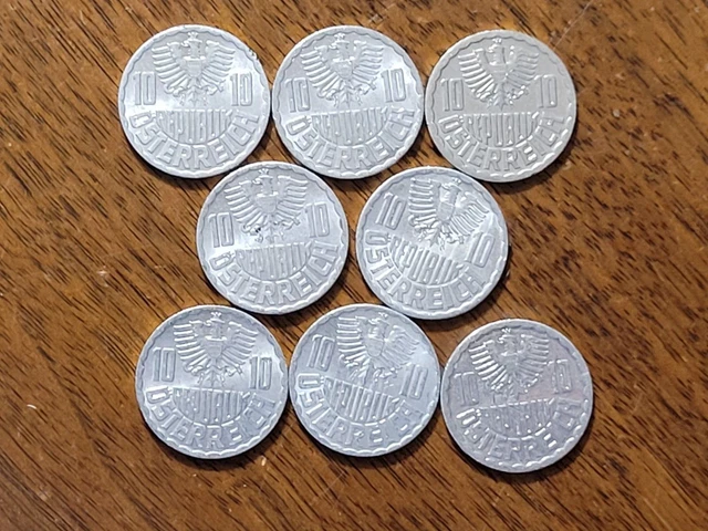 Austria 10 groschen coins, lot of 8 coins. 1959-1985. KM# 2878, aluminum.