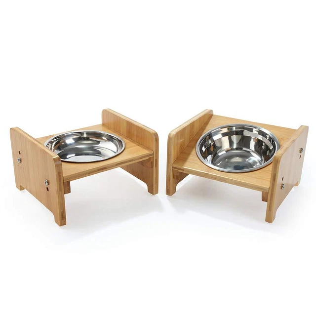 Set of 2 Raised Pet Bowls for Cats and Small Dogs - Bamboo Tilted Sing...