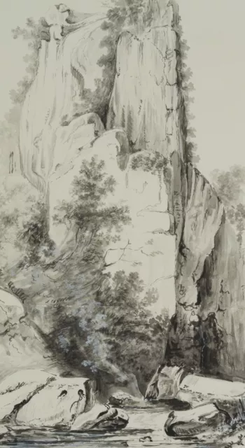 K. HOOG (19.Jhd), Felsen am Fluss,  1841, Pinselzeichnung Romantik Landschaft 3