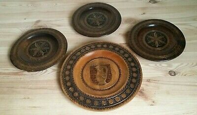 Vintage Hand Carved Wooden Decorative Plate, Wall Hanging Decor Set of 4, Poland