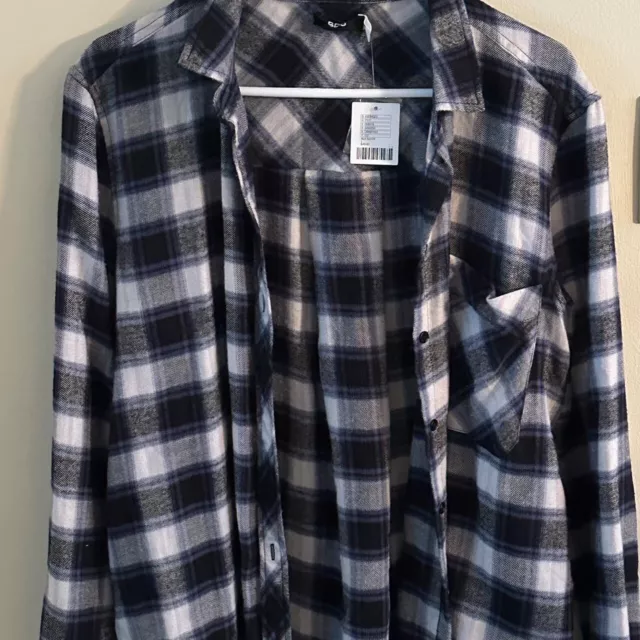 BDG Urban Outfitters Womens Flannel Shirt Cotton Pocket Plaid Navy/Gray/Blue L