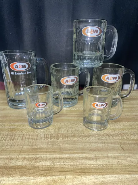 Vintage Set 6 A&W Root Beer Heavy Dimpled Glass Mug 6" & 4.5” & 3” AW 1970s