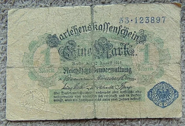 Geldscheine, Banknoten, ein Darlehnskassenschein über "Eine Mark" 1914 Jahr!