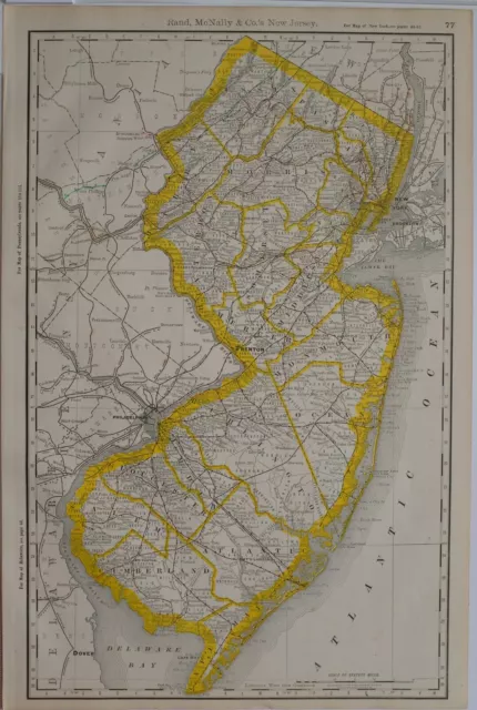 1890 Original Usa State Map New Jersey Morris Sussex Trenton Somerset Ocean