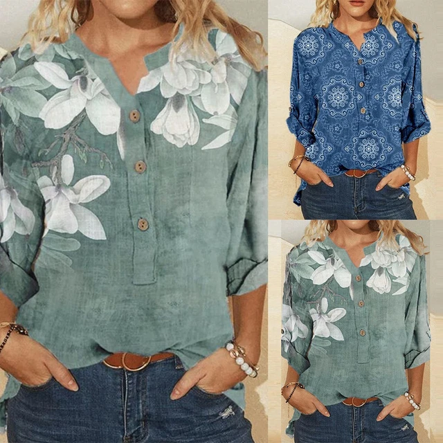 Women Turn Up Long Sleeve Tops T Shirt Ladies Floral V Neck Button Casual Blouse