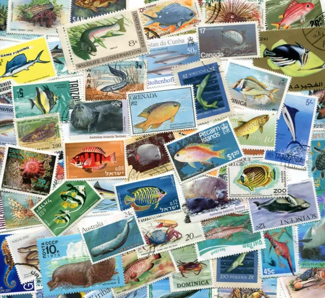 50 Different Fish Marine Life Sea Life Thematic stamps (Stock Picture)