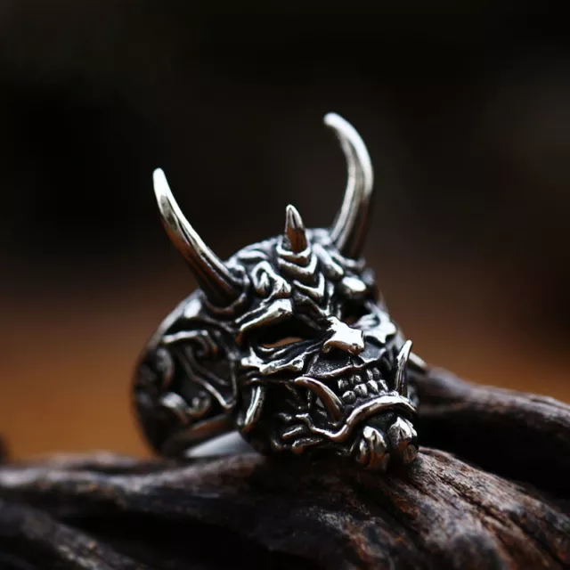 Gothic Devil's Horns Skull Ring Stainless Steel Sutra Mask Skull Ring Biker Punk