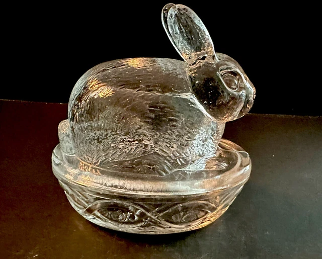 Vintage Galerie Clear Glass Rabbit Bunny on Basket Nest Candy Dish