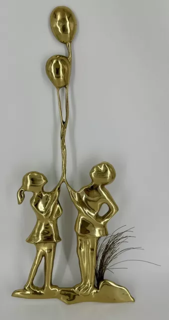VTG Bijan Bahar MCM Brass Metal Wall Sculpture Girl & Boy With Tangled Balloons