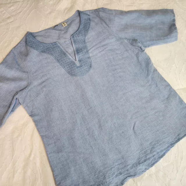 LL Bean Women's Blouse Shirt Blue Linen Blend Embroidered Pullover sz Large EUC