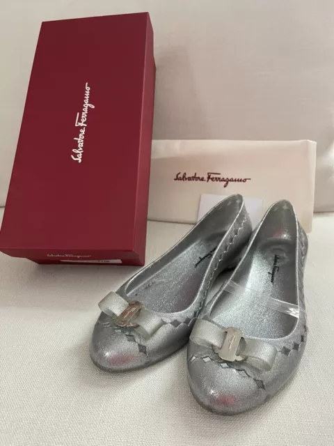 Salvatore Ferragamo Women Shoes Glitter Jelly Silver Vera Bow Flats Dress Slide