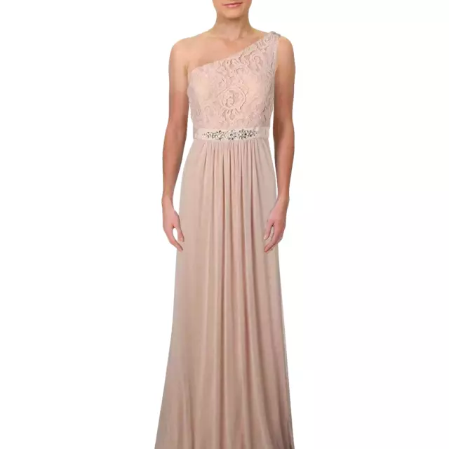 Adrianna Papell $179 size 6 Nude Pink Gown Lace Chiffon Formal Maxi Dress