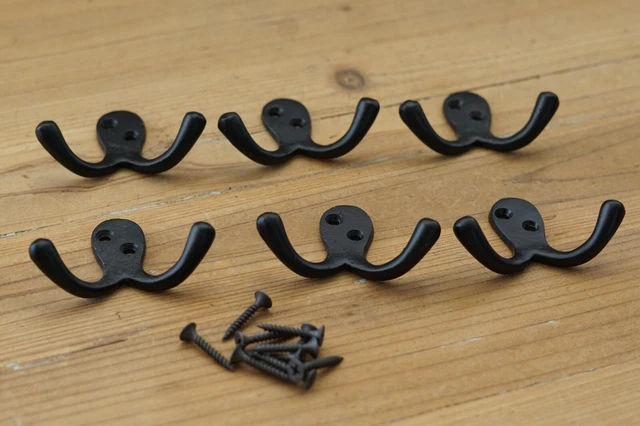 6 Coat Hooks Double Black Hall Tree Hat Entryway Wall Mount Door Bath Robe