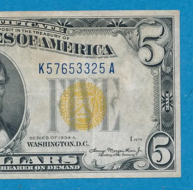 $5.00 1934-A North Africa  Wwii  Yellow Seal Silver Certificate  Vf  Free Ship
