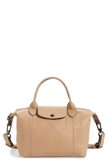 Longchamp Le Pliage Medium Cuir Tan Leather Shoulder Bag (Gold Beige)