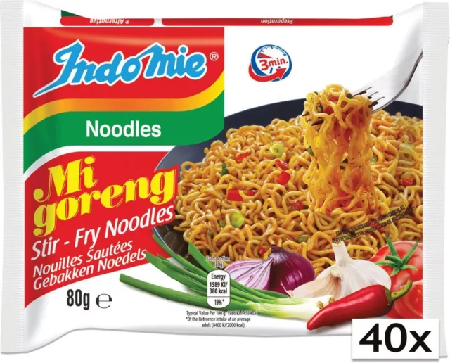 Confezione da 40 spaghetti istantanei IndoMie Mi Goreng (40x 80 g) pasta fritta fronte fritta