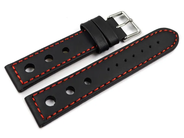Bracelet montre cuir de veau perforé noir couture rouge 18mm 20mm 22mm 24mm