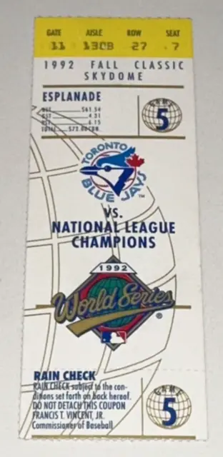 1992 World Series Game 5 Blue Jays Braves MLB Ticket Stub Smoltz Win Justice HR
