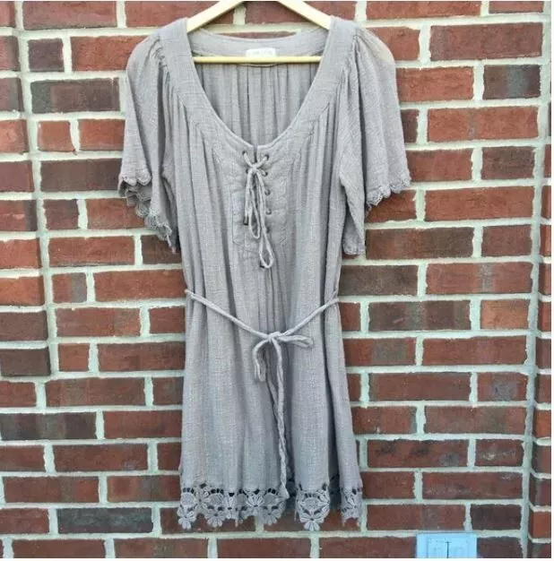 Christin Michaels Dress Boho Lace Up Front Gauze Lined Women's Large