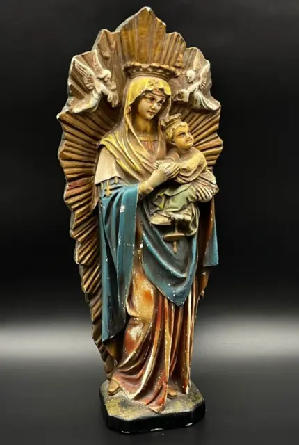 Antique French 14.5" Ceramic Madonna Child Statue Religious Angels Polychrome⭐