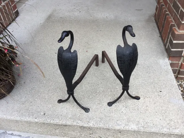Rare Hand Forged Arts and Crafts Era Wrought Iron SWAN ANDIRONS -Not Yellin