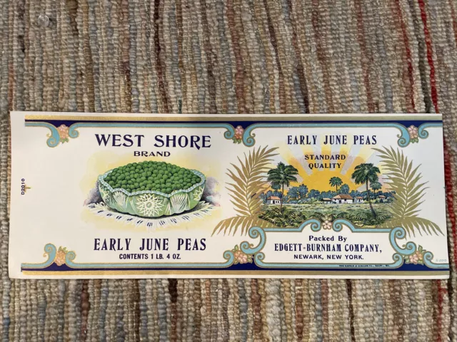 Vintage Can Label: WEST SHORE Brand_ Early June Peas, Unused