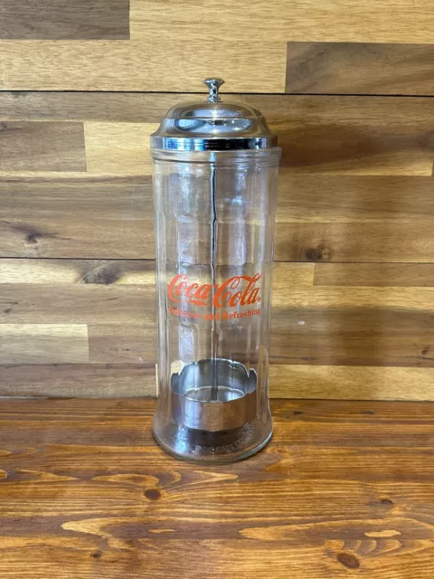 Vintage 1992 Coca-Cola Retro Diner-Style Glass Straw Dispenser Used Free Postage