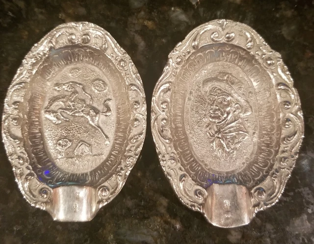 2 Vintage 800 Silver Repousse Ashtrays Cowboy / Bucking Horse Argentina 94 gr.