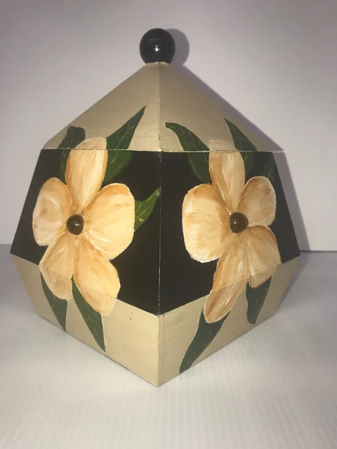Hibiscus Flower Wooden Box Yellow Floral Handmade Hand painted 8x6x6”