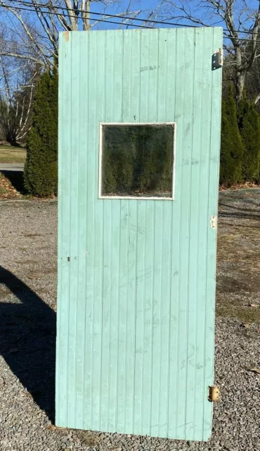 Antique Farmhouse Door w/ Square Glass Window ~ Country Blue Paint, 80" x 32"